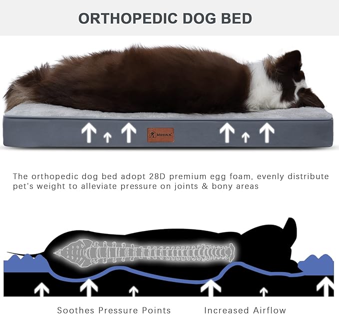 MIHIKK Waterproof Dog Beds Large Sized Dog Orthopedic Dog Beds for Crate with Removable Washable Cover Egg-Crate Foam Pet Pad Mat with Anti-Slip Bottom, 36x27 Inch, Light Grey