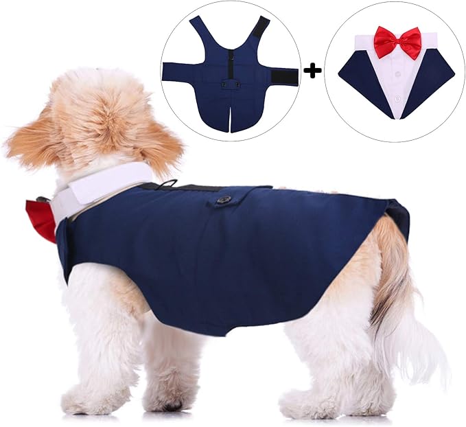 QBLEEV Tuxedo for Medium Dogs, Suit and Bandana Set, Wedding Outfit With Bow Tie, Formal Tux Costume for Halloween Christmas Birthday Party Cosplay, Blue M