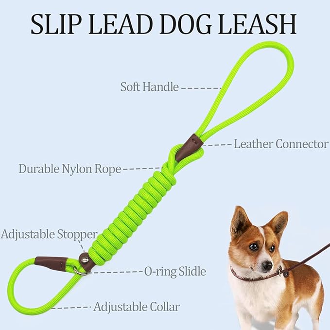 MayPaw Slip Lead Control Leash for Dogs No Pull, 13+ Colors Classic Dog Lead 7 FT Pet Slip Leash, 1/4” Rope Leashes for Small Medium Animals (7ft*1/4", Green)