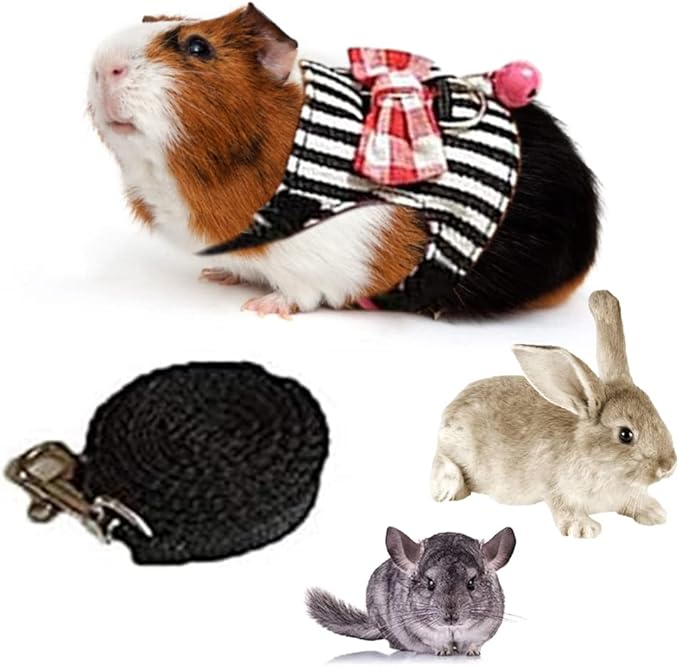 Litewoo Hamster Vest Harness and Leash Set Outdoor Walking Cute Bow-knot and Clear Bell Decor Chest Strap Harness for Rabbit Guinea Pig Chinchilla Ferret Squirrel Marten Kitten (MEDIUM,Black Stripe)