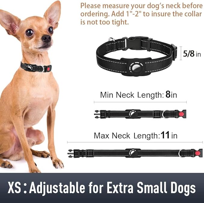 Airtag Dog Collar with AirTag Holder for Puppy Small Dogs, Reflective, Soft Padded & Safety Locking Buckle, Nylon Pet Collars Adjustable for All Breeds, Black,XS