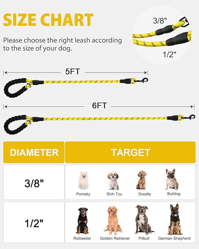Joytale Reflective Dog Leash, Heavy Duty Nylon Rope with Poop Bag Holder, Highly Reflective Threads Leashes for Medium Large Dogs, Yellow, 5'×1/2''