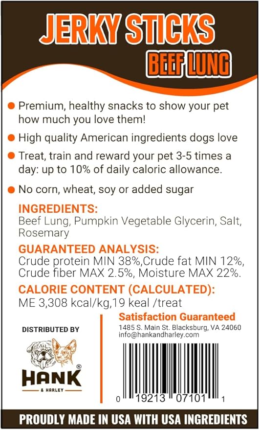 Hank & Harley Jerky Sticks Beef Lung 1 lb - USA Lean Protein Soft Dog Treats with Pumpkin. 100% Natural, NO Added Sugar, Flour or fillers. Ideal for finicky Pets