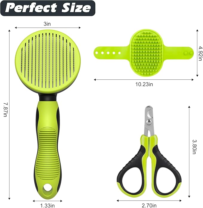 Comotech 3PCS Cat Grooming Kit | Cat Brush | Cat Brushes for indoor Cats | Cat Nail Clipper | Cat Nail Trimmer | Cat Bath Brush | Cat Brush for Shedding - Premium Cat Supplies (Green)