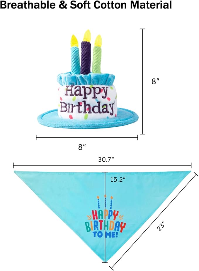 Large Dog Birthday Cake Hat & Bandana Scarfs Set Blue, Handmade Dog Happy Birthday Hat with Colorful Candles, Extral Large Dog Birthday Party Supplies Decorations
