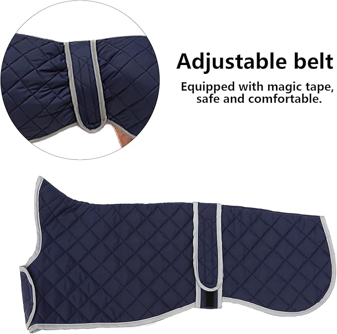 Warm Thermal Quilted Greyhound Coat with Harness Hole, Dog Winter Coat with Warm Fleece Lining, Outdoor Dog Apparel for Medium, Large Dog -Blue-XS