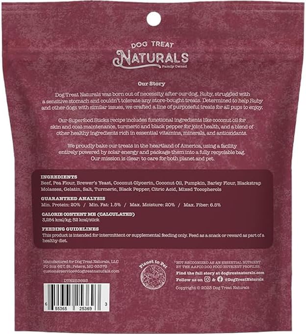 Beef & Pumpkin Superfood Sticks for Dogs | All-Natural Premium Training Dog Treats | Contains Turmeric for Joint Health | Made with Real Beef & Pumpkin | Made in USA | 10 Ounces