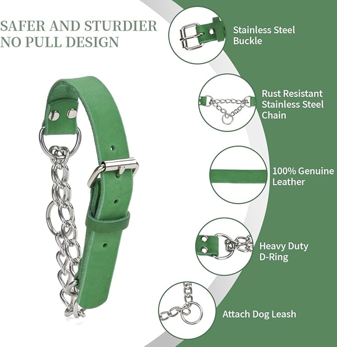 Martingale Collar for Dogs No-Pull Adjustable Training Collar with Stainless Steel Chain - Genuine Leather Anti-Slip Design for Small,Medium,Large Breed Dogs - Green (S)