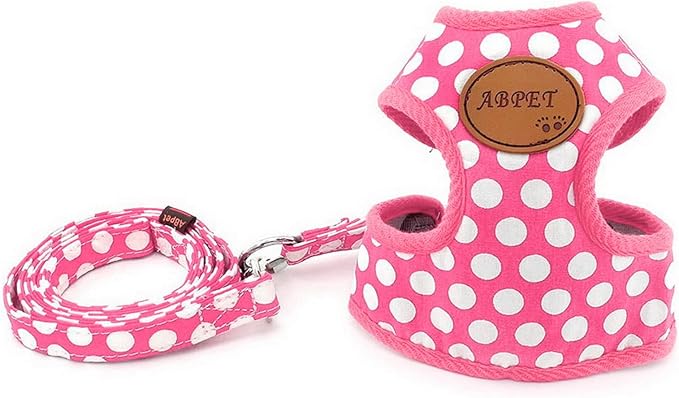 SMALLLEE_LUCKY_STORE New Soft Mesh Nylon Vest Polka Dot Pet Cat Small Medium Dog Harness Dog Leash Set Leads Pink M