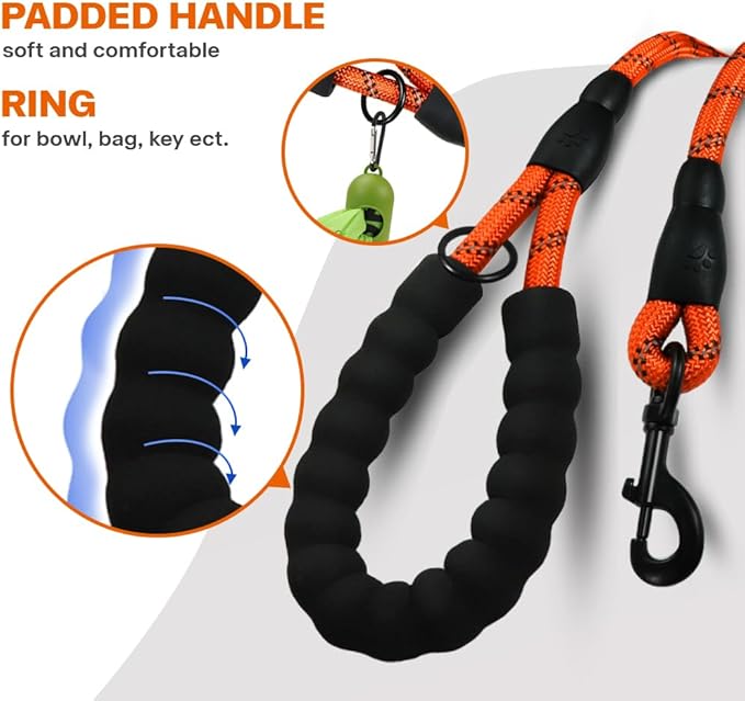 Taglory Rope Dog Leash 5 FT with Comfortable Padded Handle, Highly Reflective Threads Leash for Medium Large Dogs, 1/2 inch, Orange