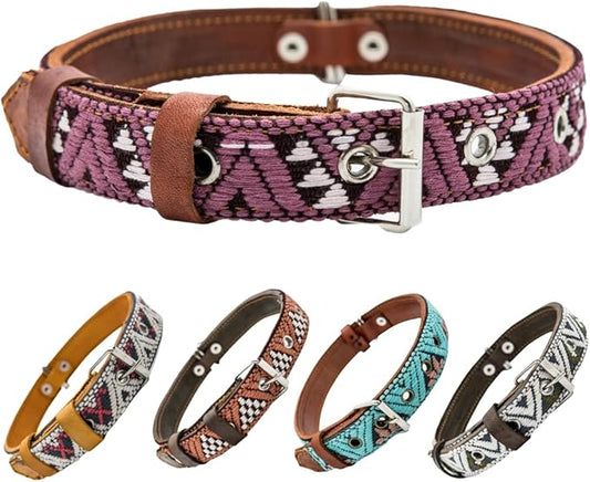 Western Dog Collar - Leather Embroidered Design for Small Medium Large Dogs & Puppy Pets - Aztec Southwest for Boy Girl Female & Male Dogs - Collar para Perros Beaded (Large, Carissma)