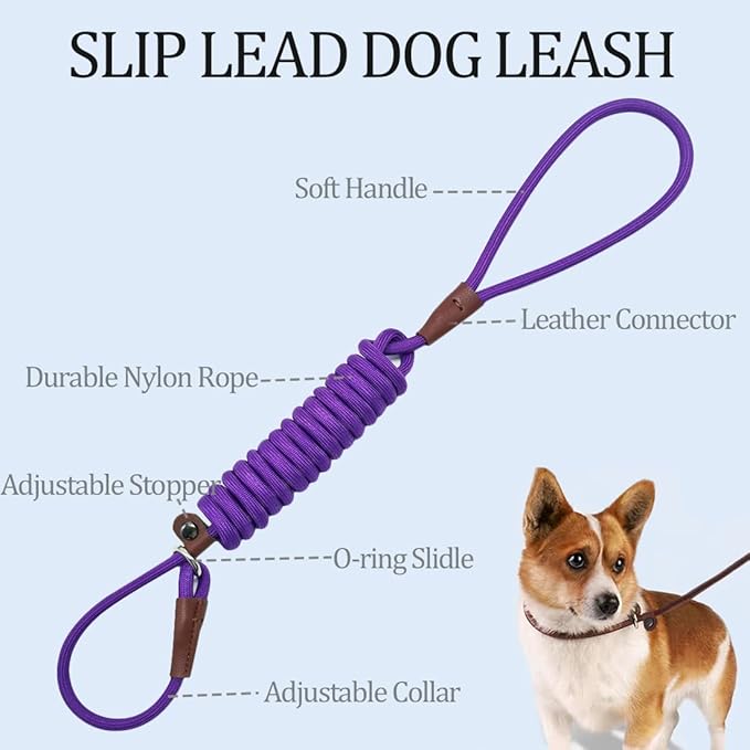 MayPaw Slip Lead Control Leash for Dogs No Pull, 13+ Colors Classic Dog Lead 7FT Pet Slip Leash, 1/4” Rope Leashes for Small Medium Animals Purple