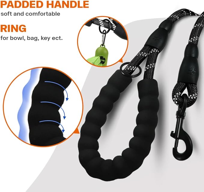 Taglory Rope Dog Leash 4 FT with Comfortable Padded Handle, Highly Reflective Threads Leash for Medium Large Dogs, 1/2 inch, Black