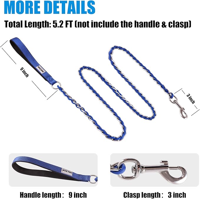 Chain Dog Leash Chew Proof Metal for Medium Large Dogs, Anti Bite 4FT Strong With Comfortable Soft Padded Handle Blue 3.0