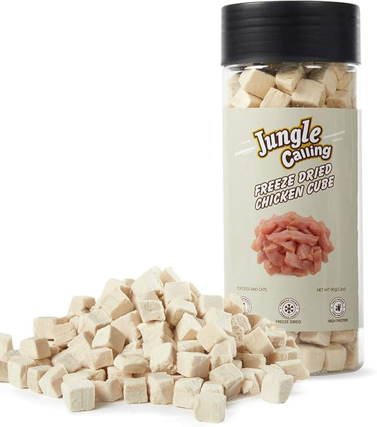 Jungle Calling Freeze Dried Chicken Cat & Dog Treats, Single Ingredient Chicken Bites, High Protein Pet Training Treats & Food Topper (Chicken Cubes, 3.2 oz)