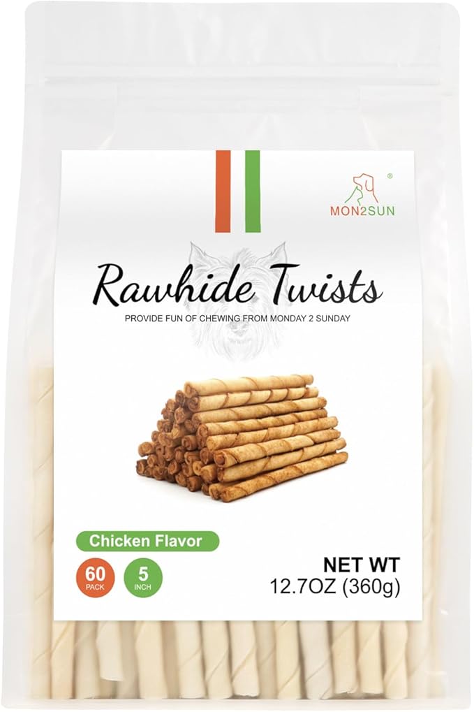 MON2SUN Dog Rawhide Twist Sticks Chicken Flavor 5 Inch Thin Sticks Rawhide Chews Treats for Puppy and Small Dogs 60 Count