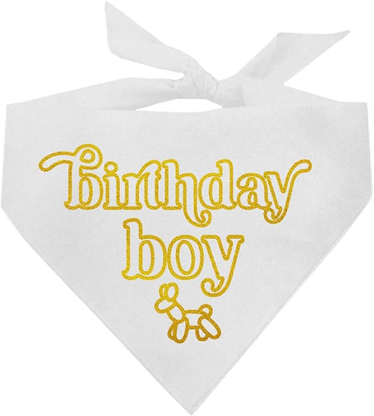 Birthday Boy Metallic Printed Dog Bandana | 100% Cotton Adjustable Triangle | Birthday Pawty | Party Theme | Celebration Supplies | Photoshoot Prop |White, Gold Foil (1330)