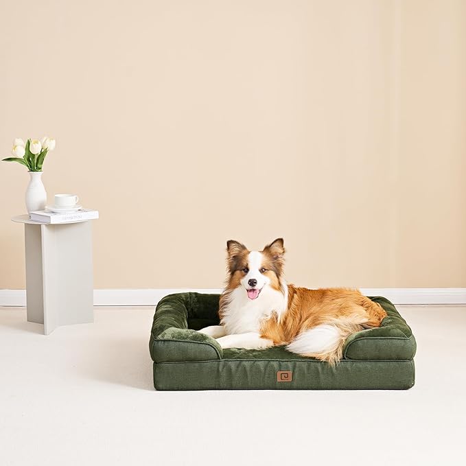 EHEYCIGA Orthopedic Dog Beds for Large Dogs, Waterproof Memory Foam Large Dog Bed with Sides, Non-Slip Bottom and Egg-Crate Foam Pet Couch Bed with Washable Removable Cover, Dark Green