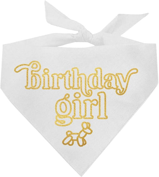 Birthday Girl Metallic Printed Dog Bandana | 100% Cotton Adjustable Triangle | Birthday Pawty | Party Theme | Celebration Supplies | Photoshoot Prop |White, Gold Foil (1329)
