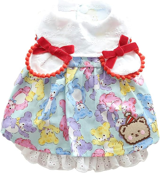 Elegant Princess Bear Printed Dress Cotton Tutu with Rabbit Ears for Small, Extra Small Dog Teddy, Pug, Chihuahua, Shih Tzu, Yorkshire Terriers Blue XS