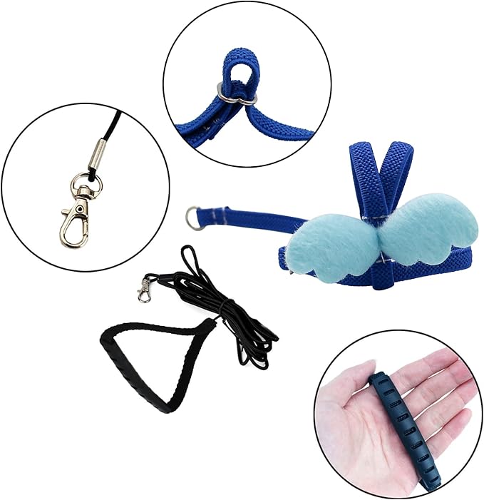 Peony Harness and Leash, Adjustable Parrot Bird Training Design Anti-Bite, Bird Nylon Rope with Cute Wing for Peony Parrot and Same Size Birds (M, Blue)