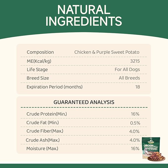 Chicken & Sweet Potato Purple Wrapped Dog Treats, High Protein, Low Fat, 100% Natural Chicken, Healthy and Natural Dog Training Treats for Small & Large Dogs, 454g/16 oz. Bag