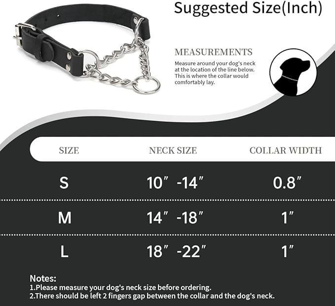 Martingale Collar for Dogs No-Pull Adjustable Training Collar with Stainless Steel Chain - Genuine Leather Anti-Slip Design for Small,Medium,Large Breed Dogs - Black (S)