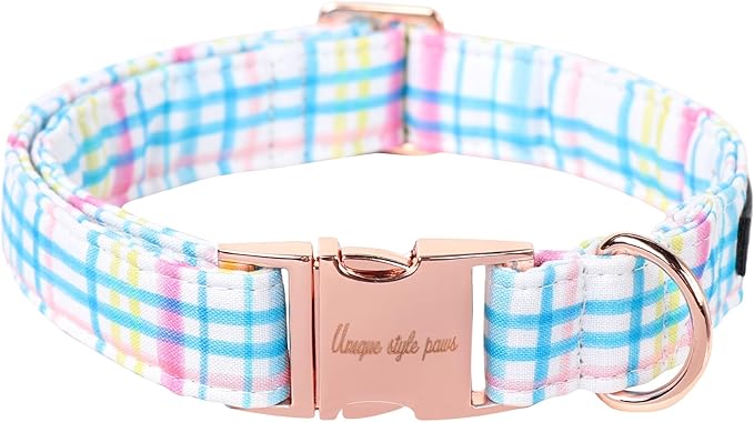Unique Style Paws Dog Collar with Metal Buckle - Blue Pink Grid Pattern - Durable & Cute for Small to Large Dogs