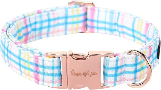 Unique Style Paws Dog Collar with Metal Buckle - Blue Pink Grid Pattern - Durable & Cute for Small to Large Dogs