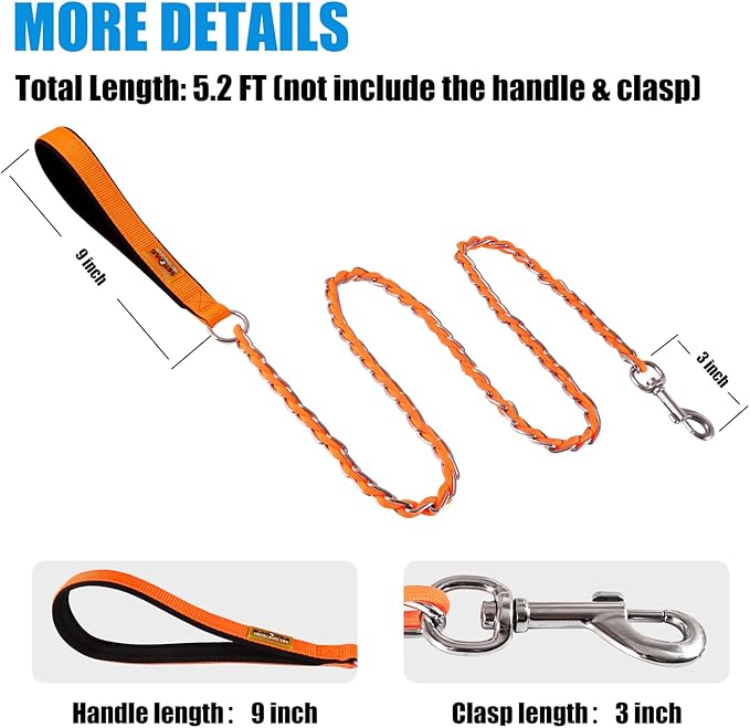 Chew Proof Metal Dog Leash for Medium Large Dogs, Chain Link Anti Chew 4FT Strong Anti Bite Dog Leash Comfortable Soft Padded Handle Orange