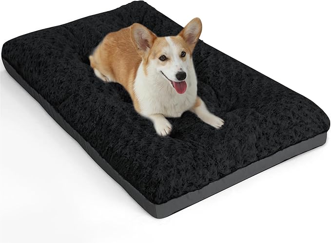 POCBLUE Deluxe Washable Dog Bed for Medium Dogs Dog Crate Mat 30 inch Comfy Fluffy Kennel Pad Anti-Slip for Dogs Up to 40 lbs, 30" x 19", Black
