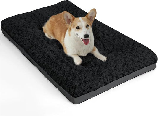POCBLUE Deluxe Washable Dog Bed for Medium Dogs Dog Crate Mat 30 inch Comfy Fluffy Kennel Pad Anti-Slip for Dogs Up to 40 lbs, 30" x 19", Black