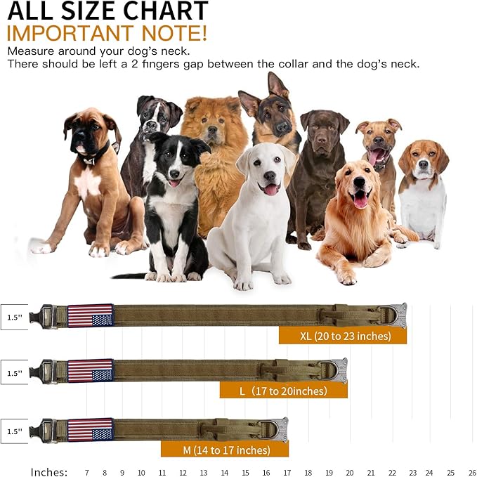Tactical Dog Collar & Leash Set, Military Dog Collar, Adjustable Nylon, Heavy Duty Metal Buckle, with Handle for Dog Training, Airtags Case, Patches (Brown, M)