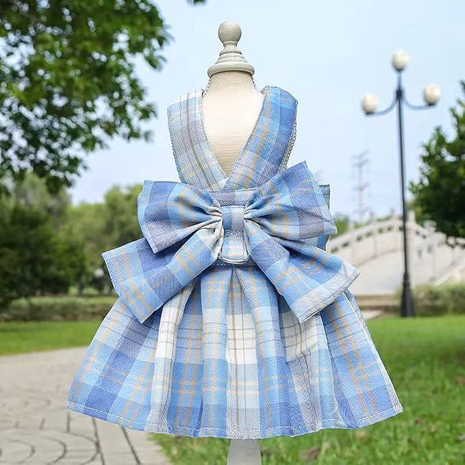 PETCARE Plaid Dog Dress Bow Tie Harness Leash Set for Small Dogs Cats Girl Cute Princess Dog Dresses Spring Summer Puppy Bunny Rabbit Clothes Chihuahua Yorkies Pet Outfits
