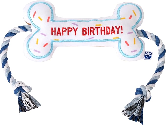 Birthday Bone Interactive Dog Toy - Interactive Tug Rope Pet Toy - Cute Unique Design Party Birthday Gift - Small Medium Puppy - Durable Chew Resistant Plush Toy with Squeaker for Teething (White)