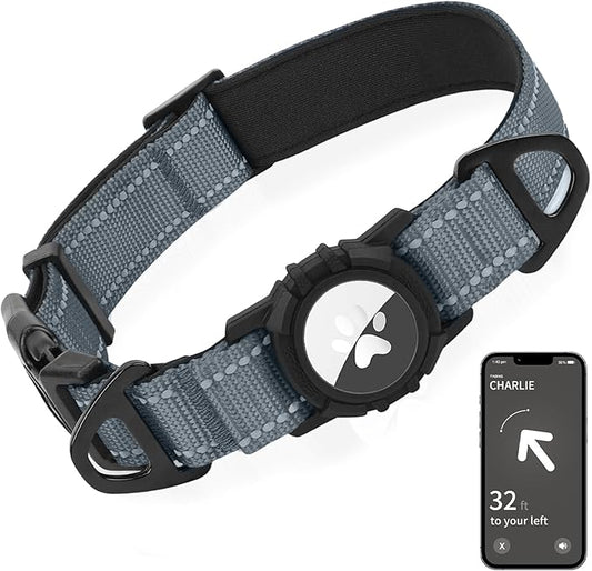 Joytale Airtag Dog Collar, Dual D-Rings, Reflective Pet Collar with Waterproof AirTag Holder, Soft Padded Adjustable for Small Dogs, Gray, S
