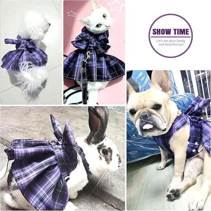 PETCARE Plaid Dog Dress Bow Tie Harness Leash Set for Small Dogs Cats Girl Cute Princess Dog Dresses Spring Summer Puppy Bunny Rabbit Clothes Chihuahua Yorkies Pet Outfits