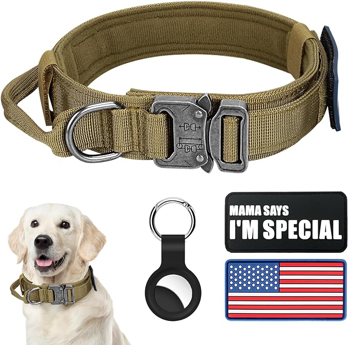 Tactical Dog Collar, Adjustable Nylon, Heavy Duty Metal Buckle with Handle, Airtag Protective Case, Brown, L, Medium & Large Breeds