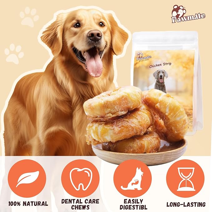 Dog Treats Large Breed, Chicken Wrapped Rawhide Donuts Ring Rawhide Dog Chews Long Lasting Grain Free Snacks with Taurine for Medium Large Dogs 4 Counts