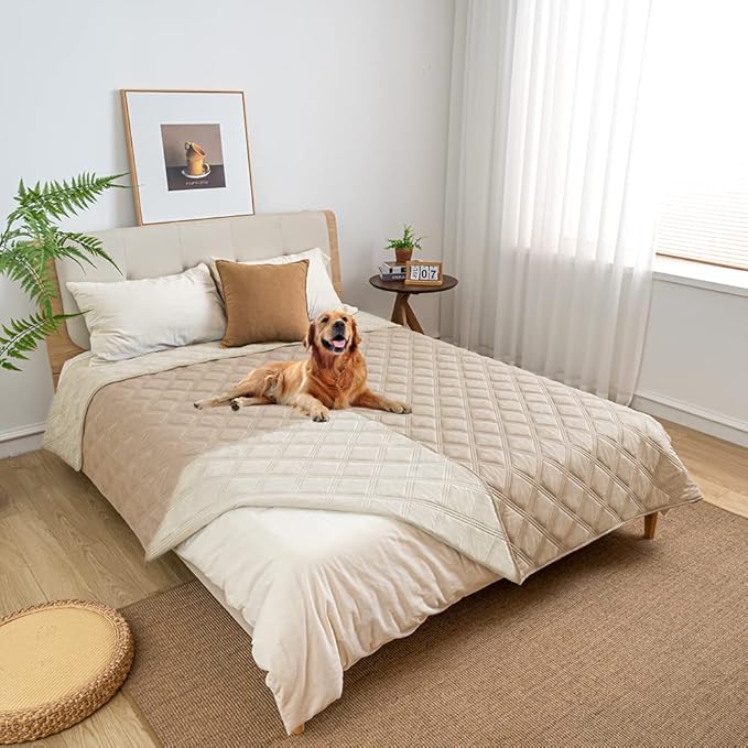 fuguitex Waterproof Dog Blanket, Pet Friendly Reversible Throw Essential for Small Dogs, Tear Resistant Leakproof Washable Couch Cushion Bed Protector Cover for Indoor Furniture(68"*82",Beige+Cream