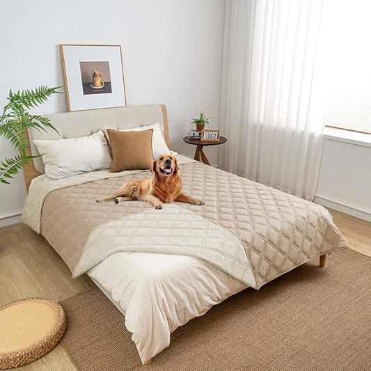 fuguitex Waterproof Dog Blanket, Pet Friendly Reversible Throw Essential for Small Dogs, Tear Resistant Leakproof Washable Couch Cushion Bed Protector Cover for Indoor Furniture(82"*82",Beige+Cream