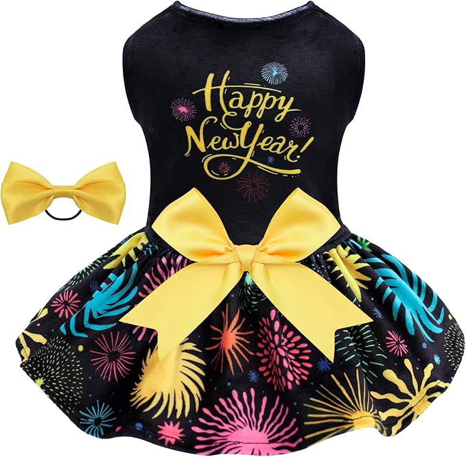 CuteBone Happy New Year Dog Dresses Velvet Holiday Small Dogs Clothes Onesie Pet Apparel Girl Puppy Skirt with Bow Hair Rope CVA56XS-D