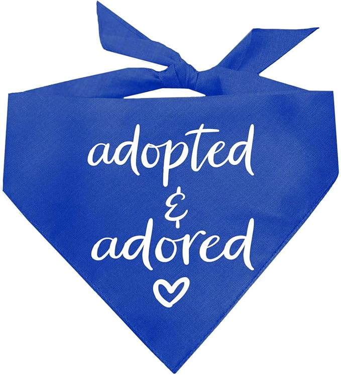 Adopted and Adored Dog Bandana | 100% Cotton Adjustable Triangle | Made in USA | Adoption Event Prop Photoshoot | Rescue | Royal One Size (380)