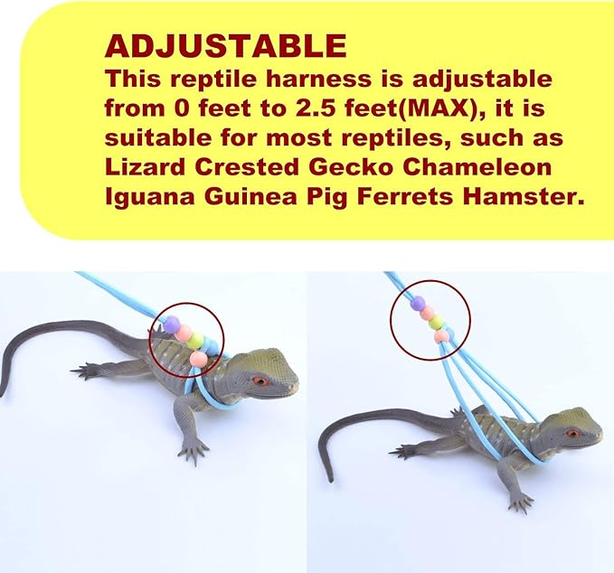 Adjustable Reptile Training Lead Harness Leash Nylon Rope for Lizard Crested Gecko Chameleon Guinea Pig Ferrets Hamster Rats (Fluorescence)