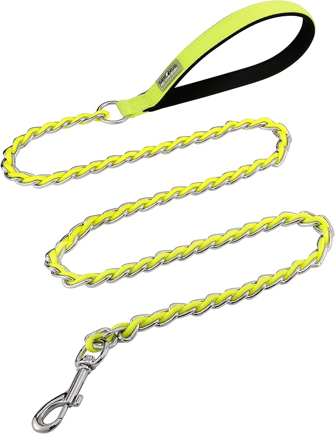 Dog Leash Chew Proof, Chain Leash Anti Chew Dog Leash for Large Dogs Heavy Duty, Indestructible Metal Leash Anti Bite Chain Link with Woven Cord Soft Padded Handle (Yellow, 4FT)
