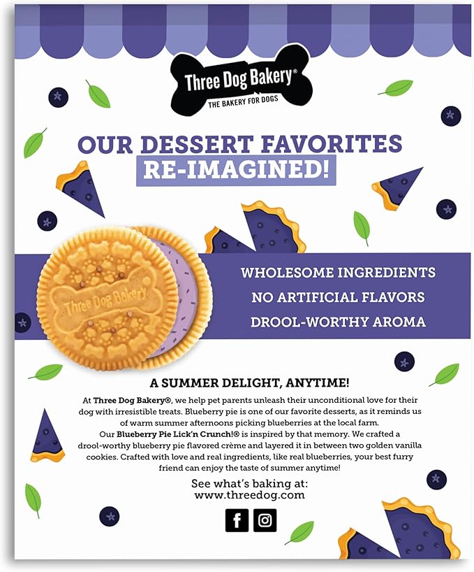 Three Dog Bakery Blueberry Pie Lick'n Crunch! Sandwich - Cookies with Real Blueberries, Puppy Cookies, Dog Birthday, Drool-Worthy Dog Bakery Snack