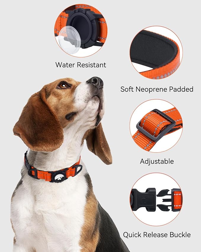 Joytale Airtag Dog Collar, Dual D-Rings, Reflective Pet Collar with Waterproof AirTag Holder, Soft Padded Adjustable for Small Dogs, Orange, S