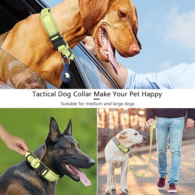 DAGANXI Tactical Dog Collar, Adjustable Military Training Nylon Dog Collar with Control Handle and Heavy Metal Buckle for Medium and Large Dogs, with Patches and Airtags Case (XL, Spring Grass-Set)
