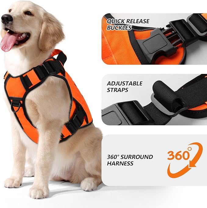 WINGOIN Orange Tactical Dog Harness Vest for Large Dogs No Pull Adjustable Reflective K9 Military Dog Service Harnesses with Handle for Walking, Hiking, Training(L)