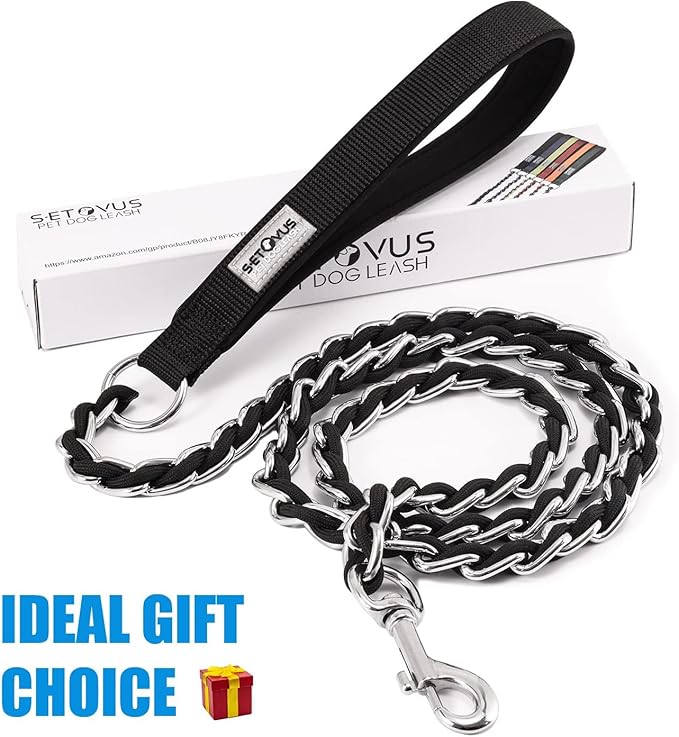 Dog Leash Chew Proof, Chain Leash Anti Chew Dog Leash for Large Dogs Heavy Duty, Indestructible Metal Leash Anti Bite Chain Link with Woven Cord Soft Padded Handle (Black, 4FT)